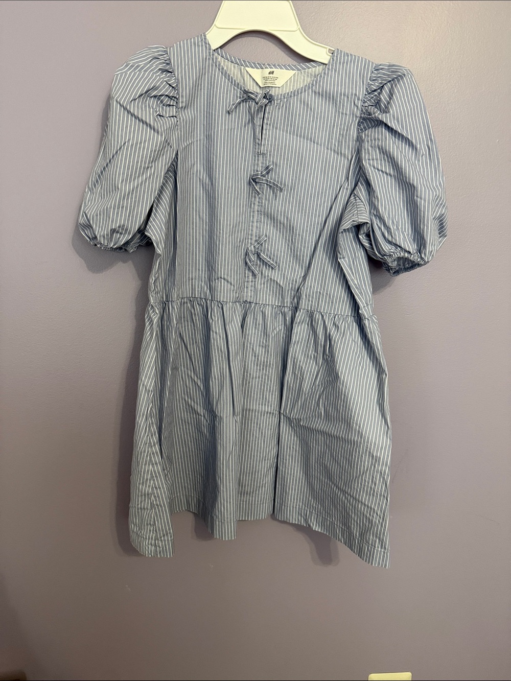 H&M Light Blue & White Striped Puff Sleeve Tie-Front Dress